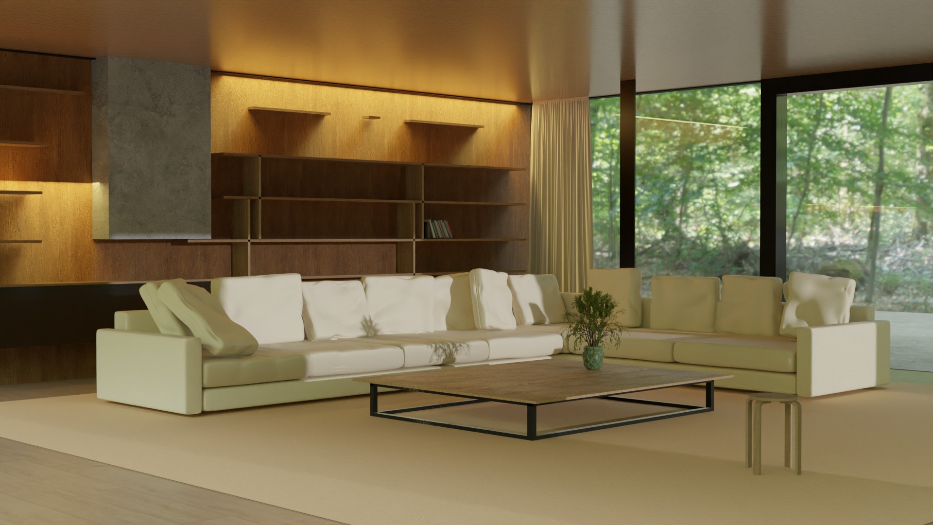 salon z dużą, białą kanapą, niskim stolikiem oraz przeszklonym tarasem, spojrzenie na całe pomieszczenie, obraz wygenerowany w programie blender