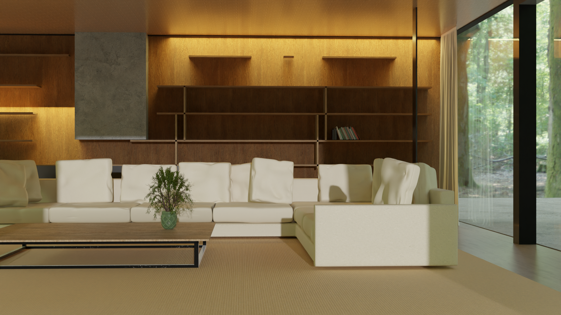 salon z dużą, białą kanapą, niskim stolikiem oraz przeszklonym tarasem, spojrzenie frontowe, obraz wygenerowany w programie blender