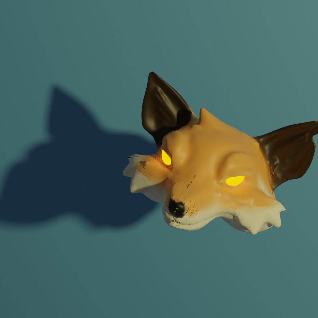 głowa lisa w postaci maski wraz z rzucanym przez nią cieniem, obraz wygenerowany w programie blender