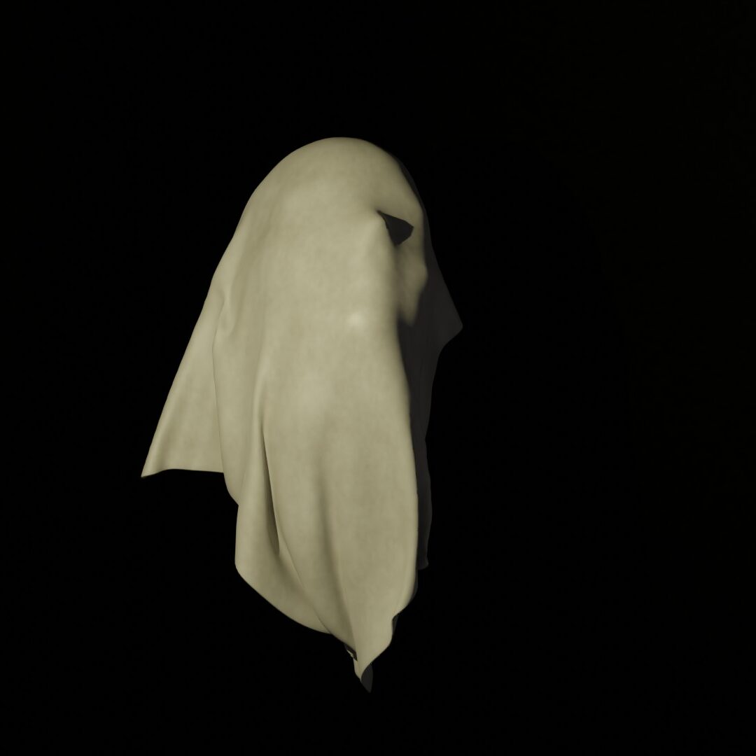 ludzka twarz przykryta białym materiałem, widok z przodu, wygenerowane w programie blender