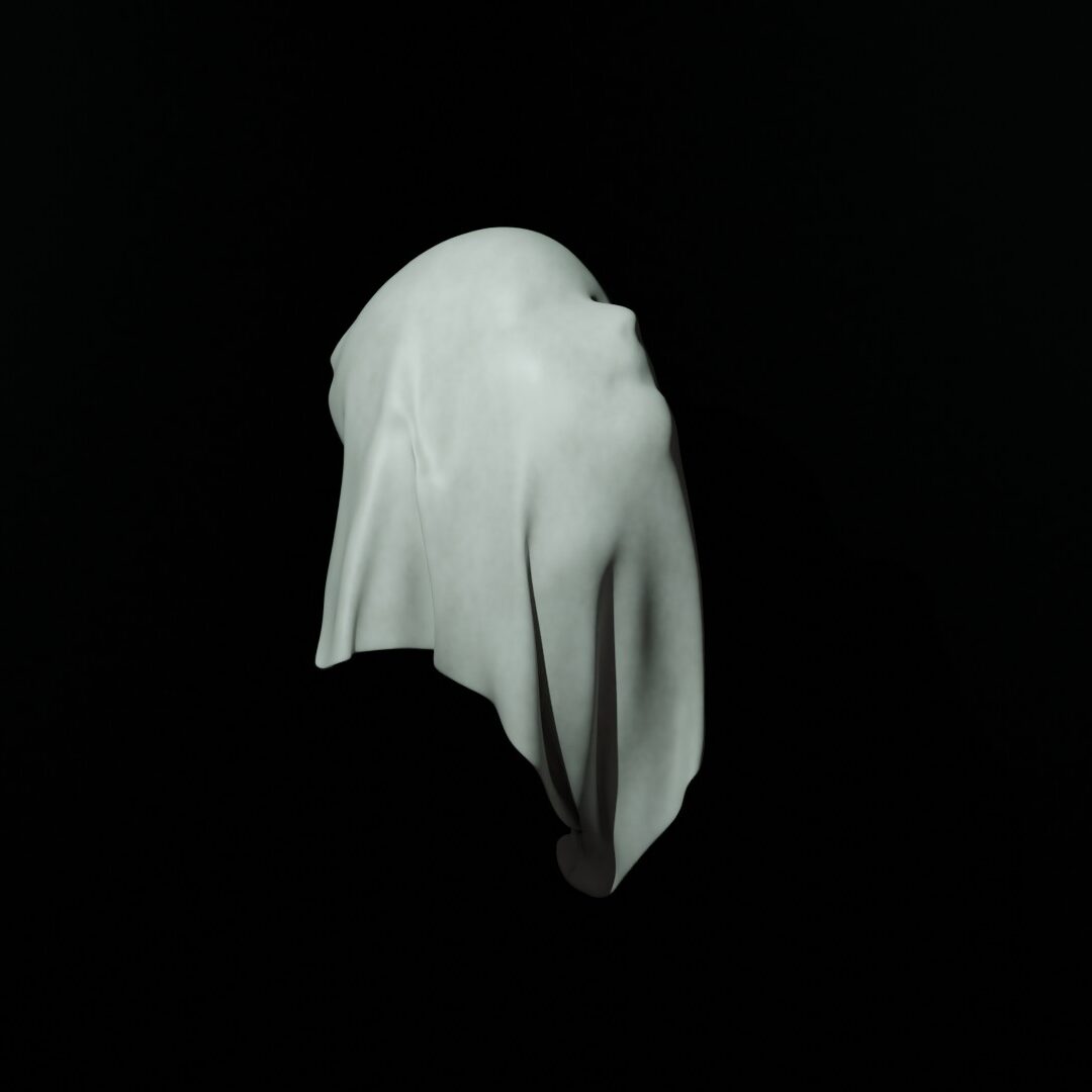 ludzka twarz przykryta białym materiałem, widok z boku, wygenerowane w programie blender