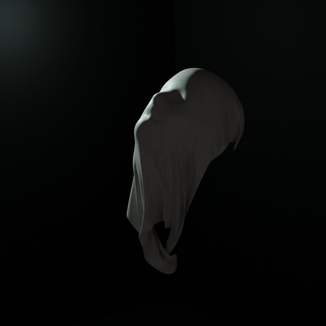 ludzka twarz przykryta białym materiałem, widok z boku, wygenerowane w programie blender