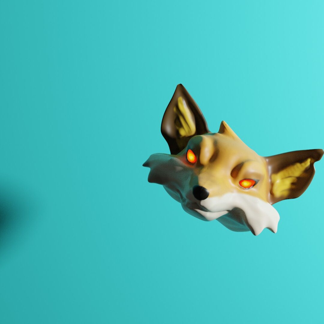 głowa lisa w postaci maski wraz z rzucanym przez nią cieniem, jaśniejsze tło, obraz wygenerowany w programie blender