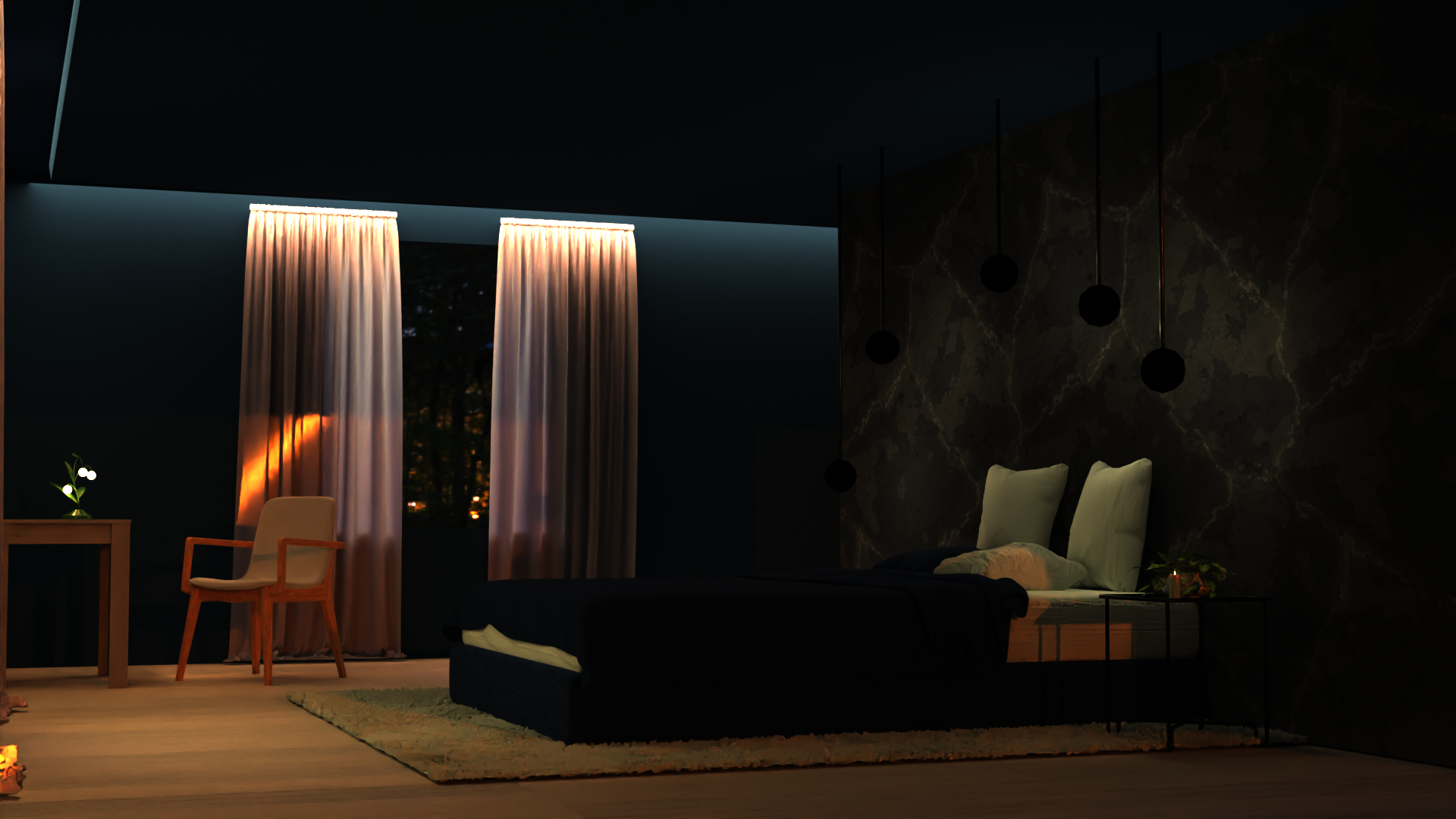 sypialnia po zmroku z dwuosobowym łóżkiem, zasłonami, stolikiem i fotelem, z ciemnymi ścianami, obraz wygenerowany w programie blender