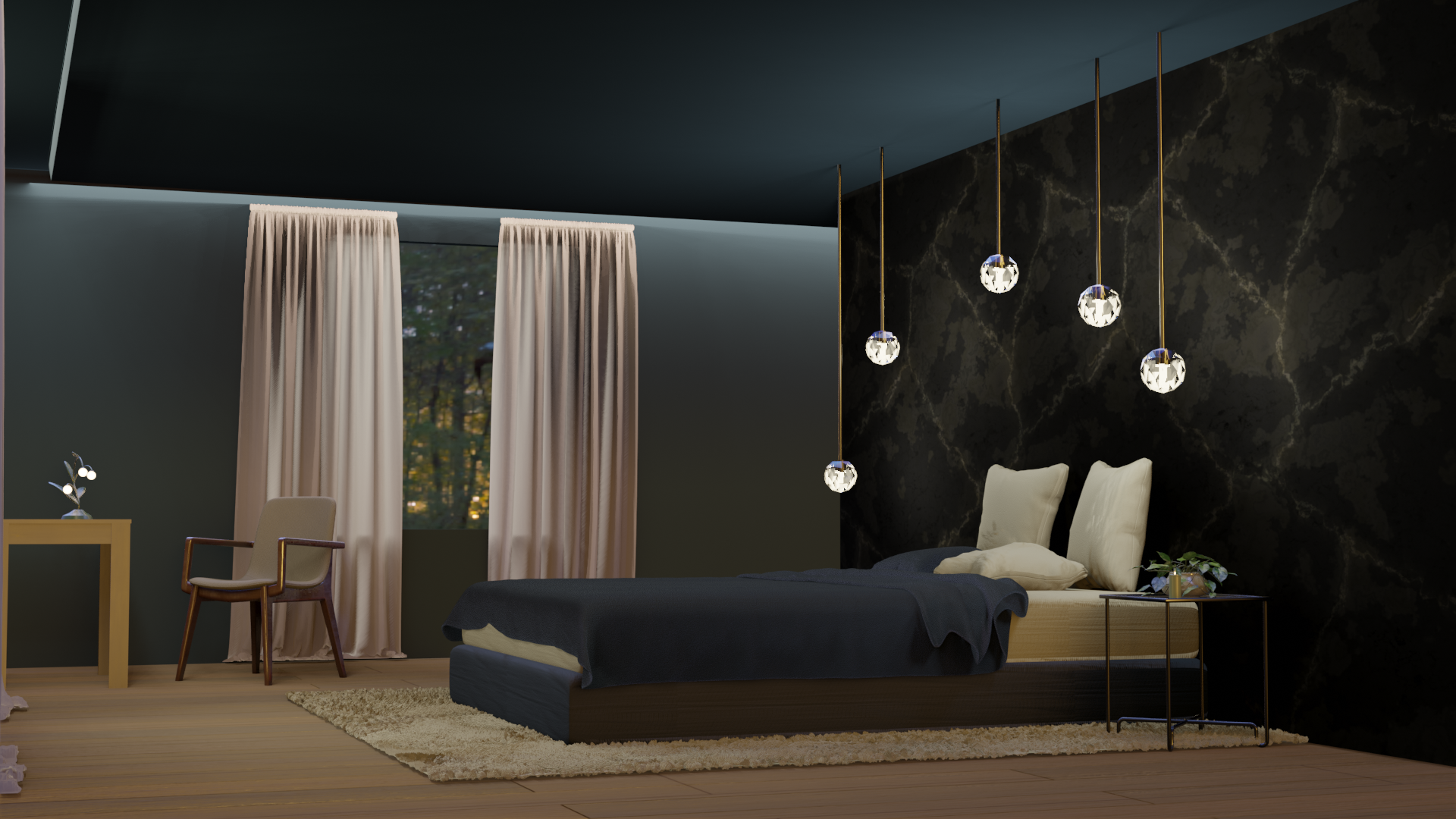 sypialnia po zmroku z dwuosobowym łóżkiem, zasłonami, stolikiem i fotelem, z ciemnymi ścianami, pomieszczenie po zapaleniu w nim światła, obraz wygenerowany w programie blender
