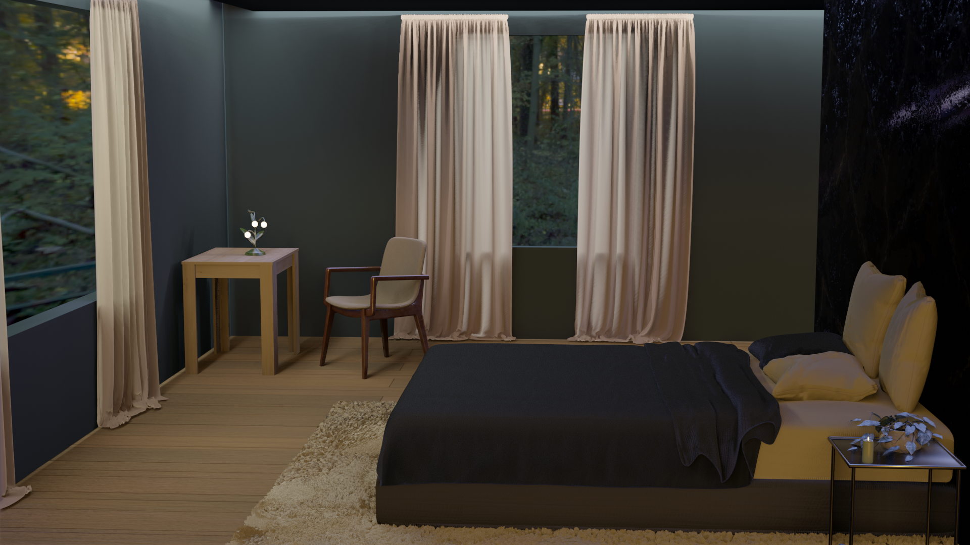 sypialnia po zmroku z dwuosobowym łóżkiem, zasłonami, stolikiem i fotelem, z ciemnymi ścianami, zbliżenie na przedmioty w pomieszczeniu, obraz wygenerowany w programie blender